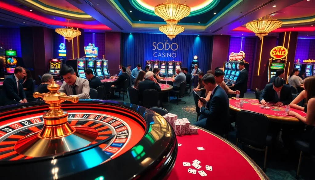 SODO Casino scene with vibrant tables and excited players celebrating wins.