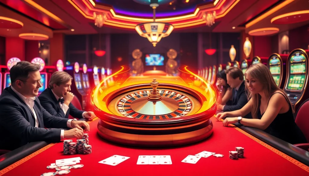 Experience the thrill of gambling at 8day.cn.com with an elegant casino atmosphere featuring roulette, poker chips, and players.