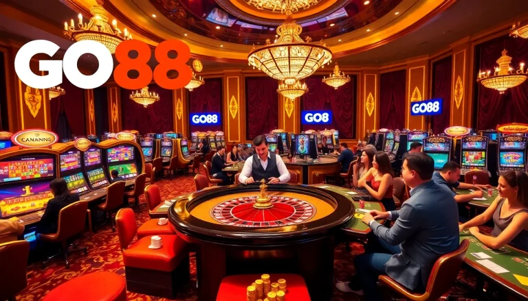 Experience the thrill of GO88 gaming with vibrant casino tables and engaging dealers.