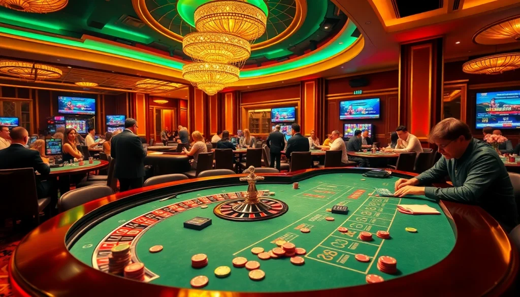 Experience the thrill of gaming as you tải win 79, surrounded by vibrant casino elements and engaging players.