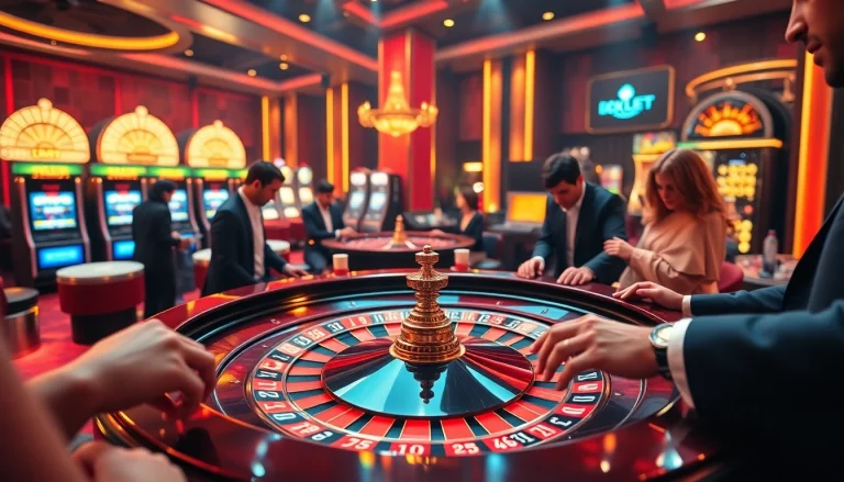 Engaged players at a vibrant roulette table capturing the essence of https://hello88k.blog's luxury gambling.