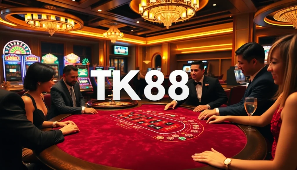 Players enjoying high-stakes poker at a luxurious casino table featuring TK88 betting options.