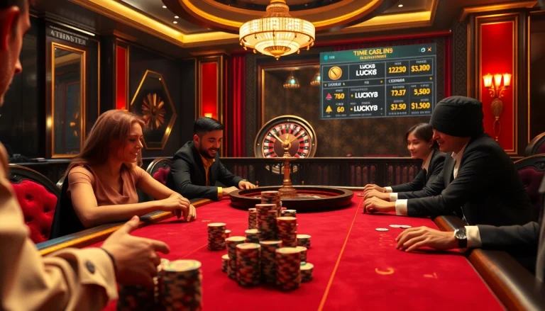 Cảnh chơi poker tại LUCK8 hấp dẫn, làm nổi bật các chip cược, người chơi và bàn roulette cho trải nghiệm casino đầy hứng khởi.