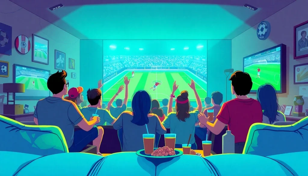 Exciting soccer viewing experience at home with fans engaged, showcasing joemadfan.com community vibes.