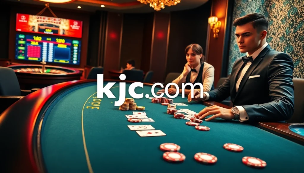 Engage in high-stakes poker at KJC com's luxurious casino, showcasing chips, cards, and strategy.