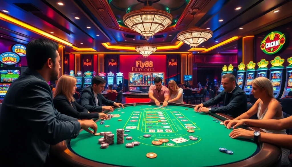 Experience the thrill of winning at FLY88 casino with vibrant poker tables and slot machines.
