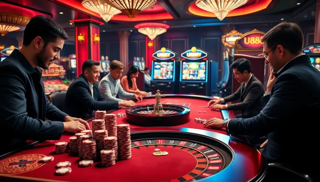 U888 thrill as players engage in luxury casino games surrounded by vibrant poker chips and roulette wheels.