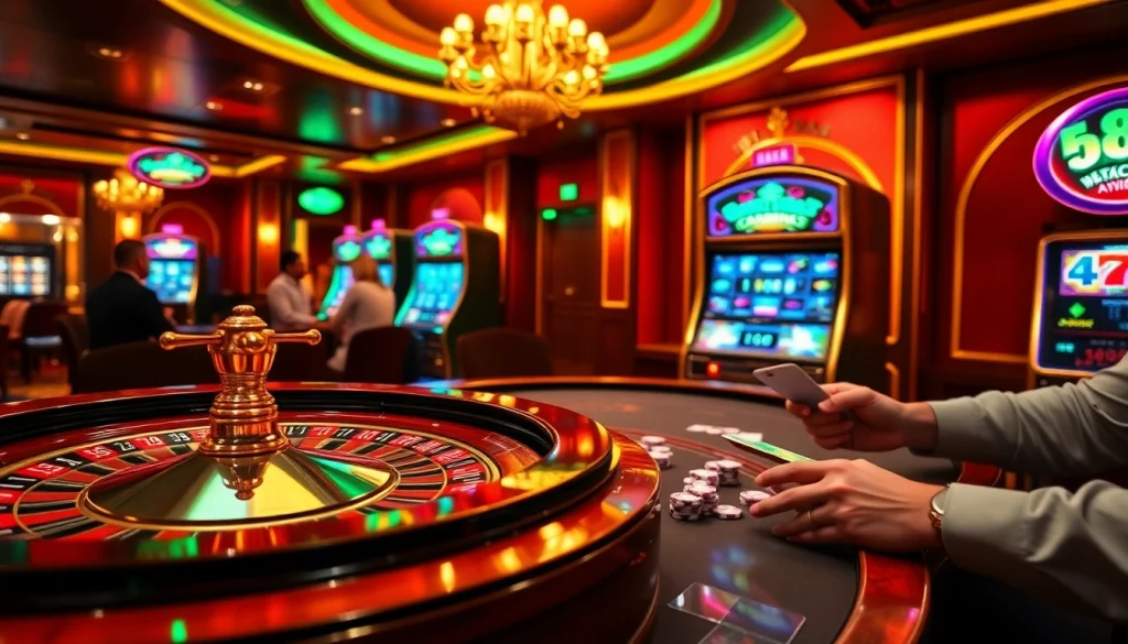 Experience thrilling gameplay at the go 88 club with poker tables and slot machines under vibrant lighting.