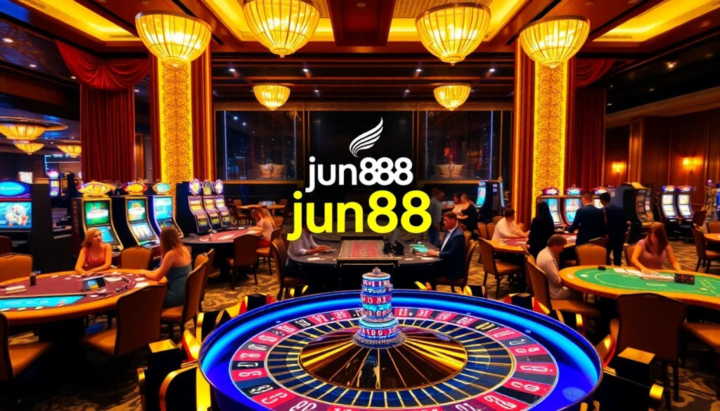 Players enjoying thrilling games at https://jun88pl.com/ in an upscale casino environment.