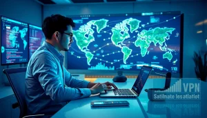 展示于现代化工作空间的快连VPN服务，具备互联数字接口与高速性能指标。