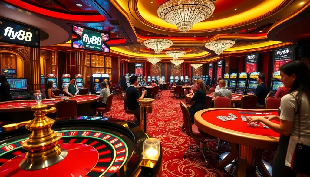 Experience the thrill of gambling at fly88's luxurious casino showcasing vibrant tables and high-stakes action.