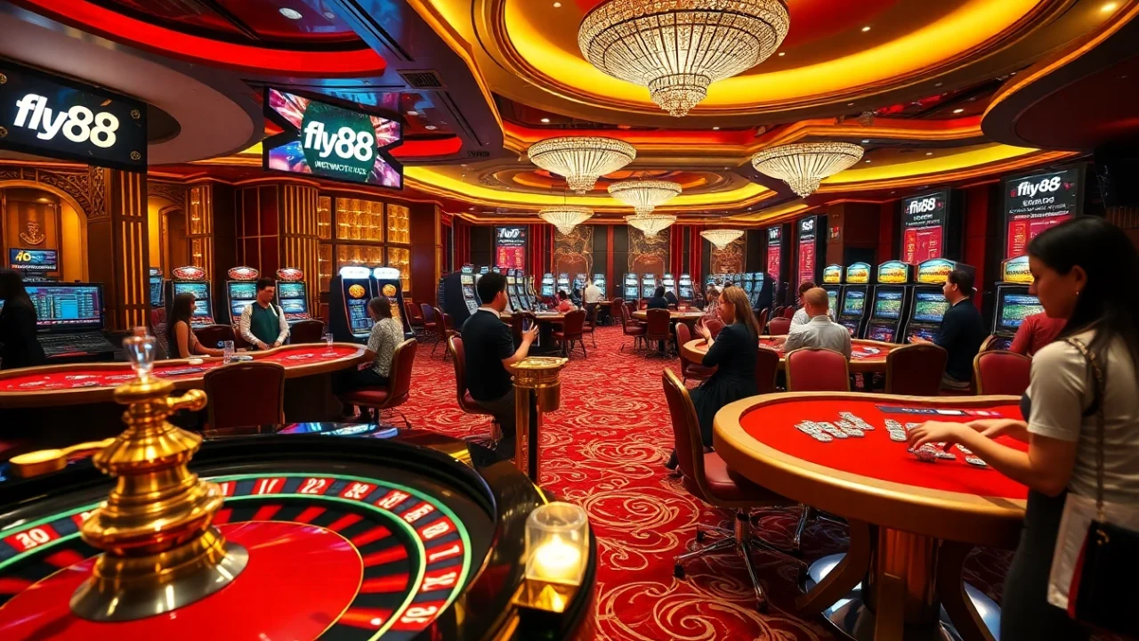 Experience the thrill of gambling at fly88's luxurious casino showcasing vibrant tables and high-stakes action.