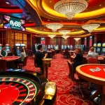 Experience the thrill of gambling at fly88's luxurious casino showcasing vibrant tables and high-stakes action.