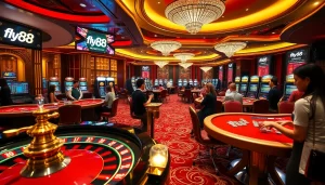 Experience the thrill of gambling at fly88's luxurious casino showcasing vibrant tables and high-stakes action.