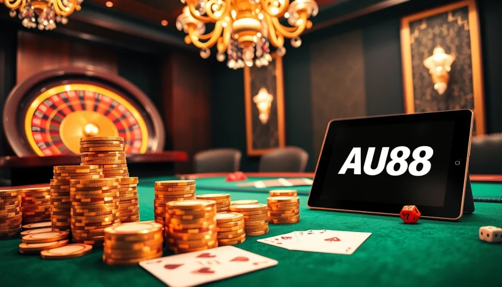 Players strategize at an AU88-themed high-stakes poker table with elegant cards and chips.