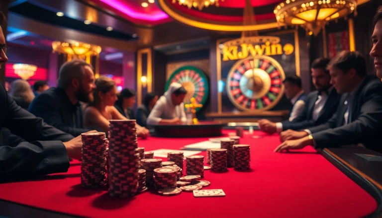 Kwin-themed vibrant poker scene with enthusiastic players and stunning casino ambiance.