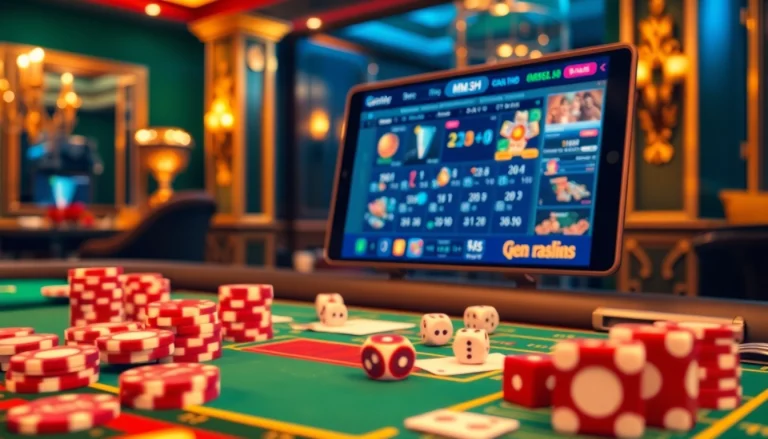 The excitement of online gambling at MM88.SH, featuring vibrant casino elements like chips and cards.