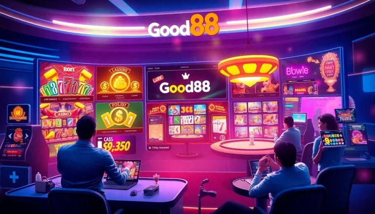 Exciting digital scene of the online gambling platform good88.hu.net showcasing various casino games.