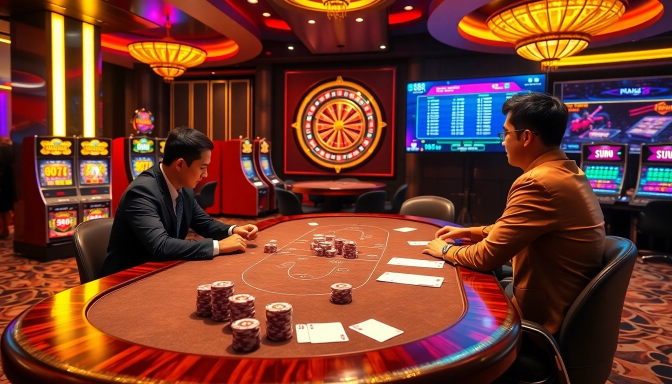 Exciting casino atmosphere featuring nhà cái RR88 with poker games, slot machines, and betting slips.