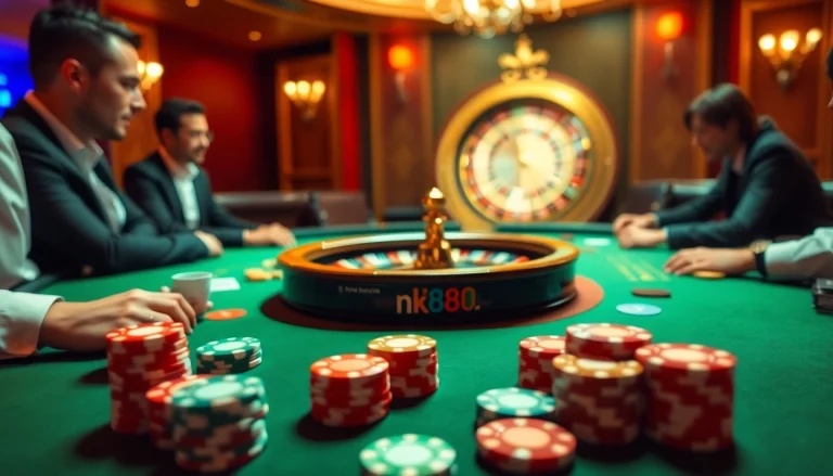 Engage with thrilling poker action at nk88's luxurious casino tables filled with colorful chips and players.