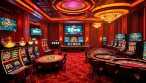 Experience the excitement of 58win with intense casino action featuring poker tables and slot machines.