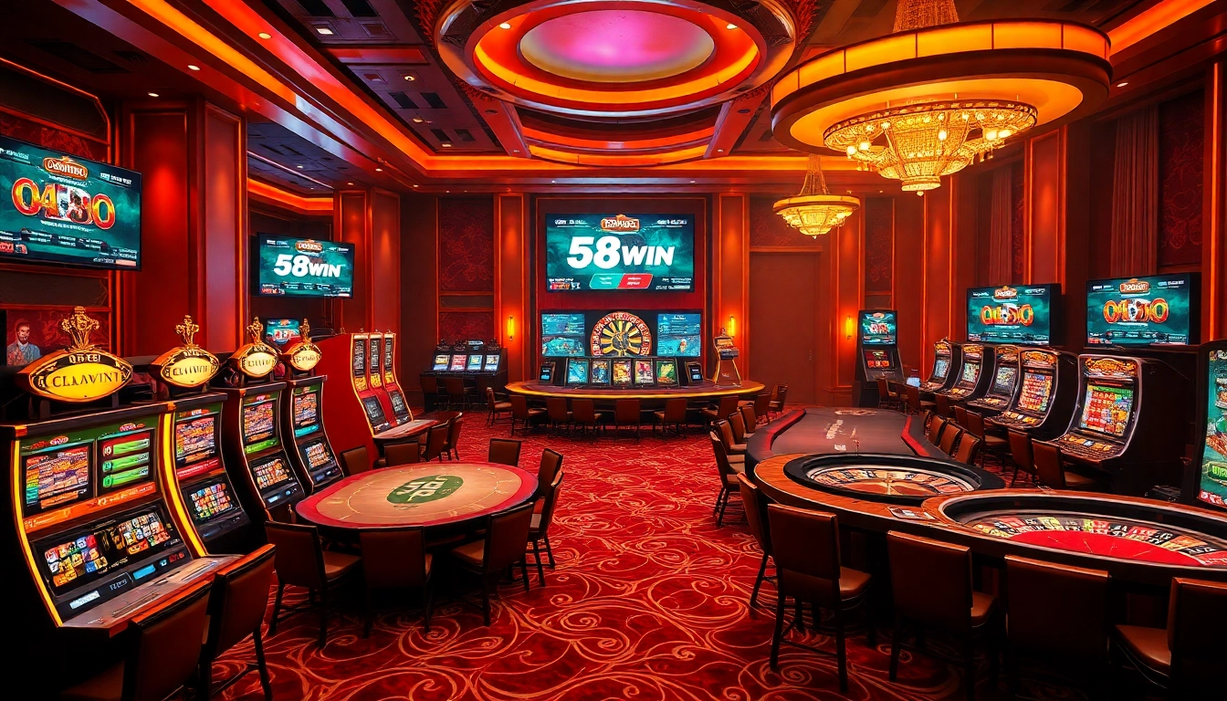 Experience the excitement of 58win with intense casino action featuring poker tables and slot machines.