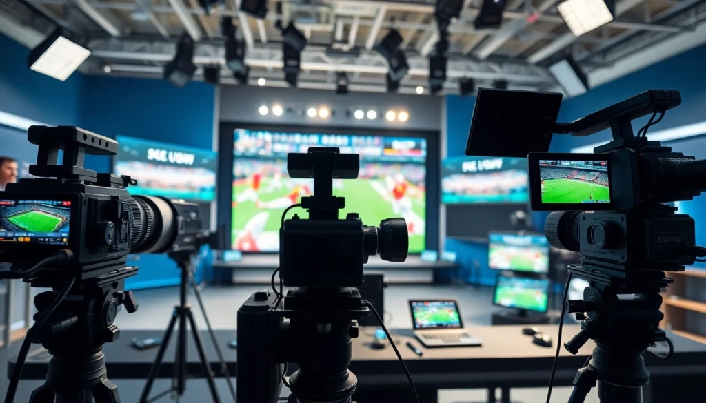 Engaging scene of sports broadcasting setup with dynamic equipment showcasing the energy of Sports Broadcasting.
