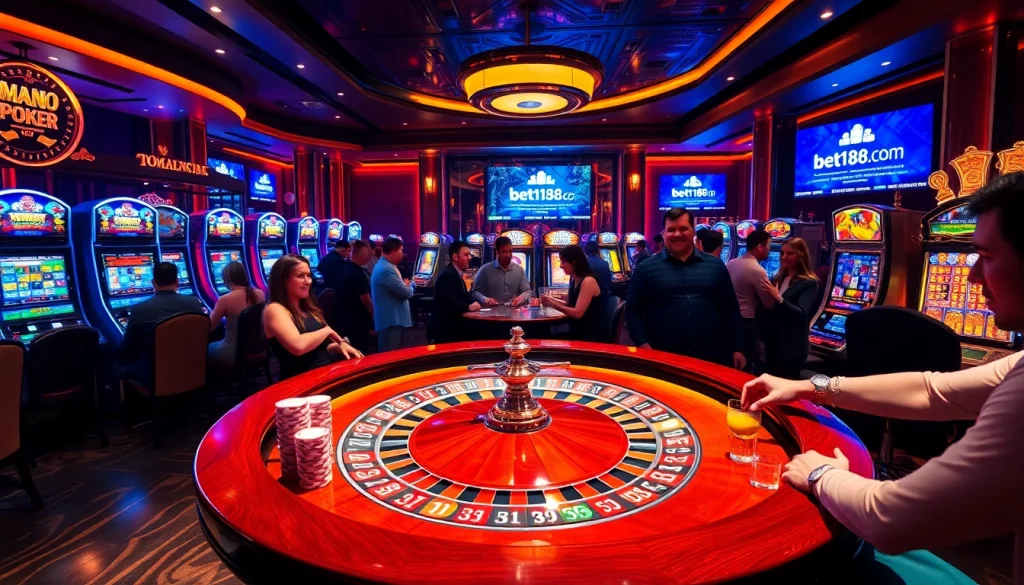 Exciting casino gameplay at bet168 com with vibrant roulette table and poker chips surrounding players.