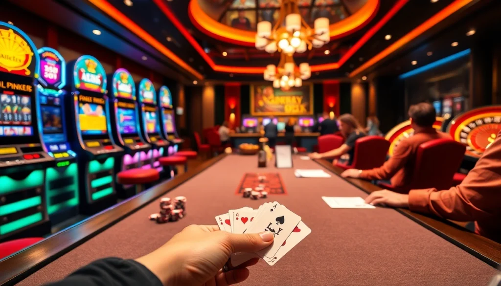 Engaging scene of players at a luxurious poker table showcasing the thrill of luckywin gaming.