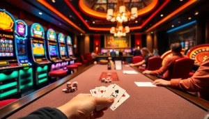Engaging scene of players at a luxurious poker table showcasing the thrill of luckywin gaming.