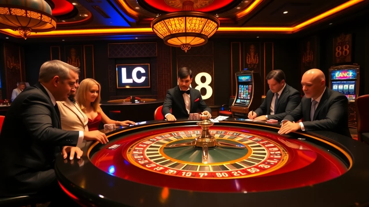 High-stakes players enjoy a game at the LC 88 casino roulette table, surrounded by luxury and excitement.