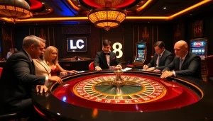 High-stakes players enjoy a game at the LC 88 casino roulette table, surrounded by luxury and excitement.