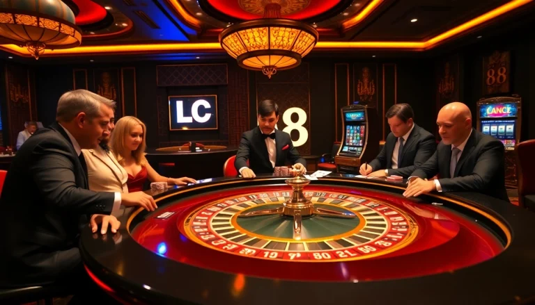 High-stakes players enjoy a game at the LC 88 casino roulette table, surrounded by luxury and excitement.