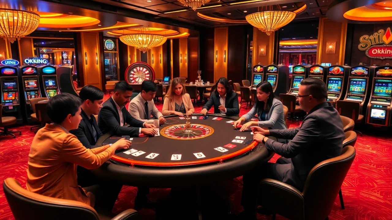 Action-packed poker game at a luxurious casino, featuring okking-themed decor and vibrant atmosphere.
