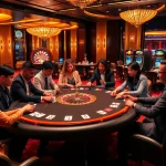 Action-packed poker game at a luxurious casino, featuring okking-themed decor and vibrant atmosphere.
