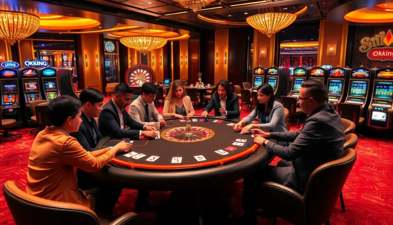 Action-packed poker game at a luxurious casino, featuring okking-themed decor and vibrant atmosphere.