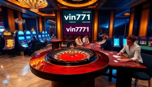 Excited gamblers at a casino table enjoying games with vin7771 promotions in the background.