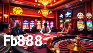 Experience thrilling gameplay at Fb88 with a professional poker table and vibrant casino ambiance.