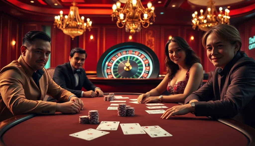 Players engaging in high-stakes poker at 123win com with vibrant casino decor