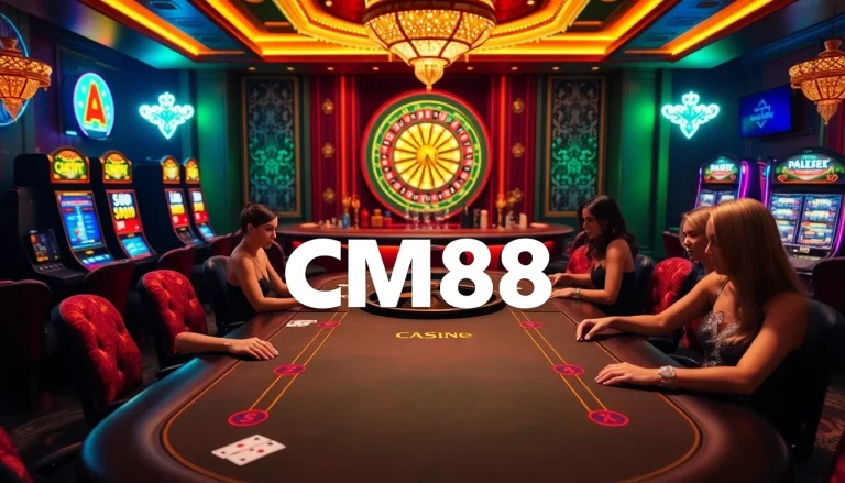 Experience excitement at the CM88 casino, featuring luxury poker tables and vibrant slot machines.