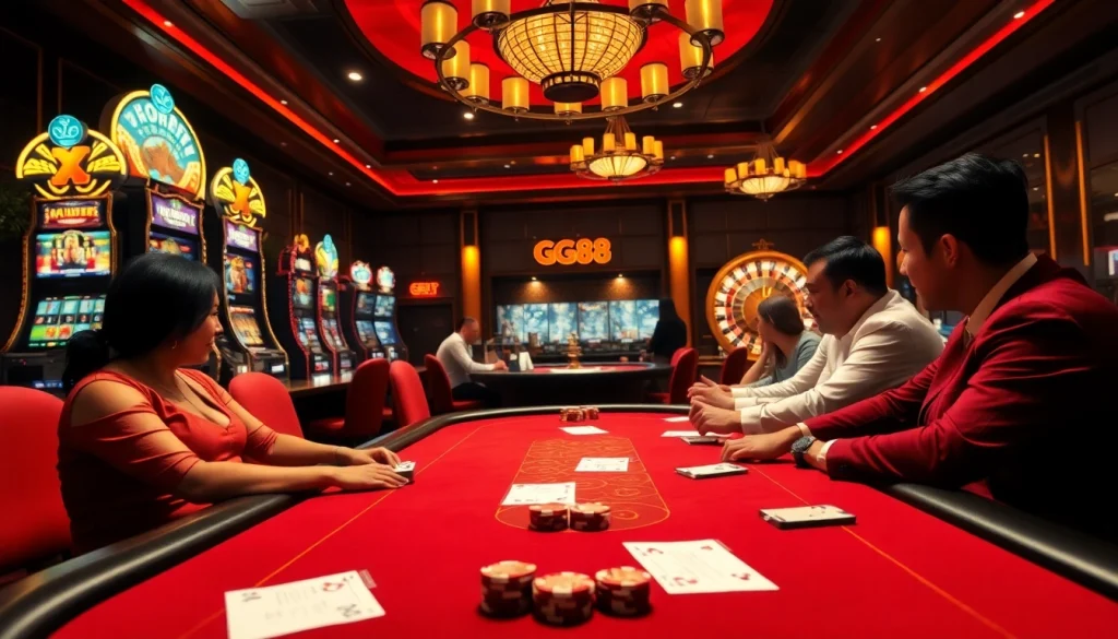 Players strategizing at a GG88 poker table in a vibrant casino atmosphere.