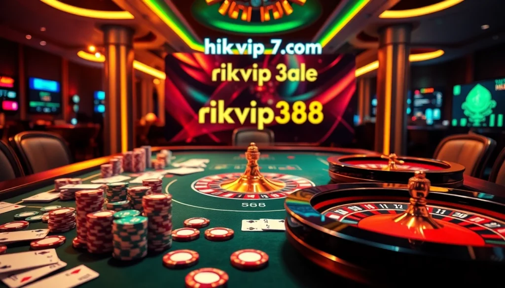 Experience thrilling gameplay at https://rikvip368.com with vibrant casino tables, cards, and roulette wheels.