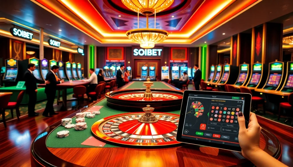 Elevate your gaming experience with the SOIBET casino scene featuring a roulette table and vibrant online gambling elements.