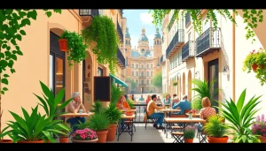 Customers enjoying the atmosphere at an association coffee shop Madrid with vibrant outdoor seating.