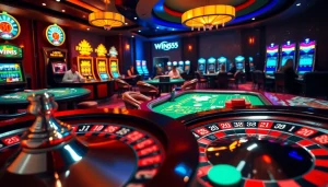 Win55 casino scene with a roulette wheel, poker chips, and excitement from players.
