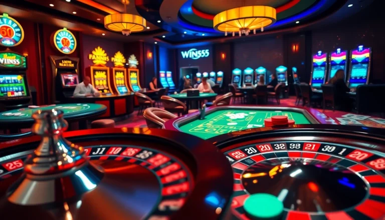 Win55 casino scene with a roulette wheel, poker chips, and excitement from players.