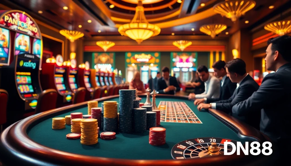 A thrilling gambling scene at trang chủ dn88, featuring professional poker players, vibrant chips, and an exciting roulette wheel.