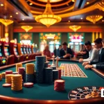 A thrilling gambling scene at trang chủ dn88, featuring professional poker players, vibrant chips, and an exciting roulette wheel.