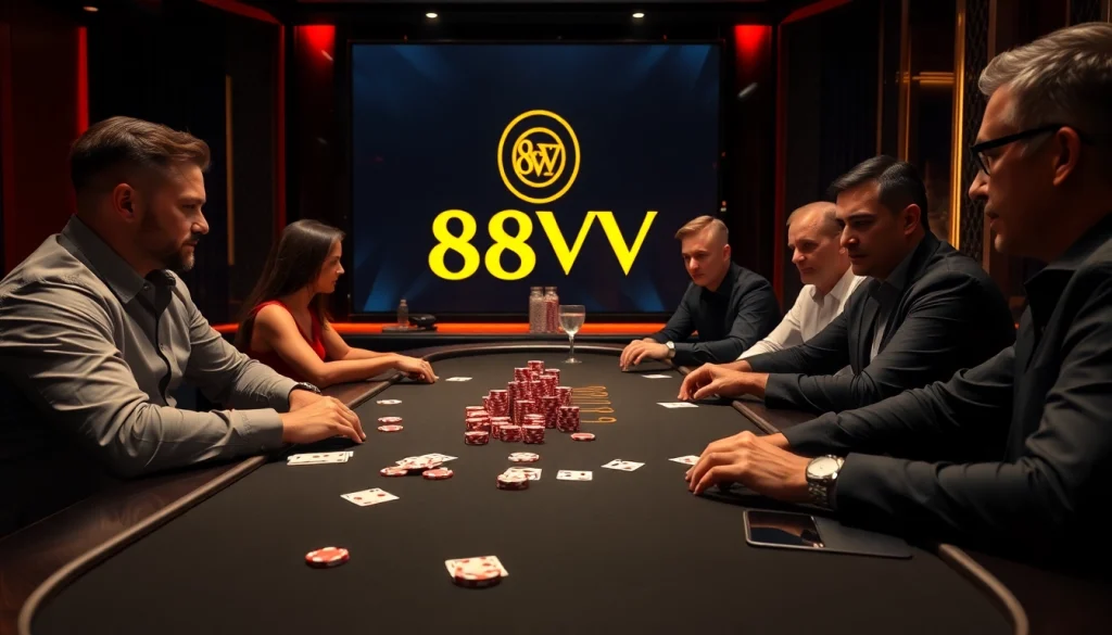 Experience excitement with 88vv at a luxurious poker table in a vibrant casino atmosphere.