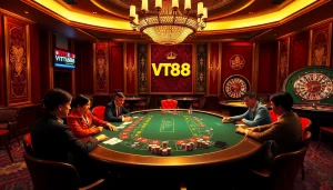 Experience the thrill of Vt88 nhà cái at a luxurious poker table surrounded by players.